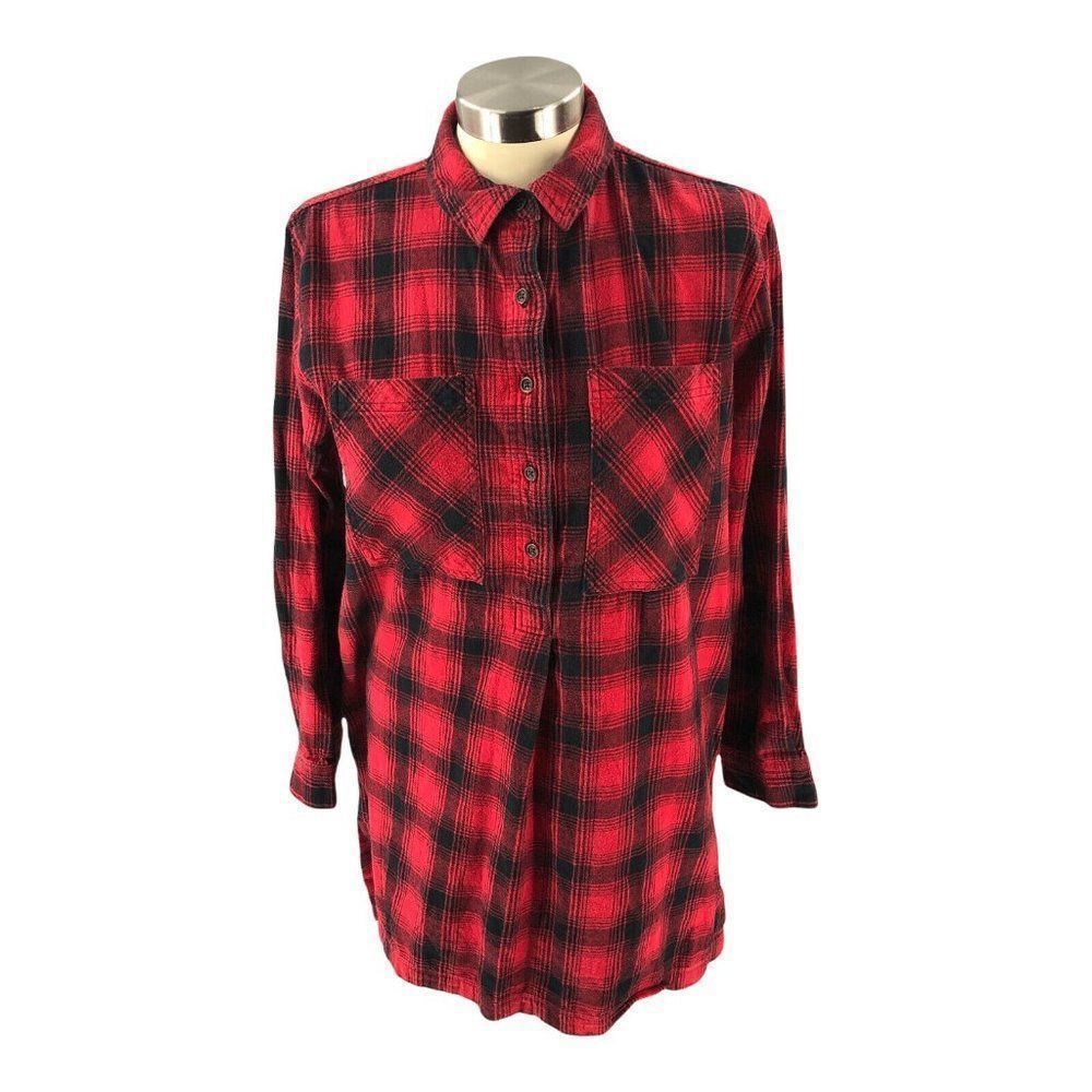 Forever 21 Womens Button Up Shirt Small Red Black Plaid Flannel Popover Henley